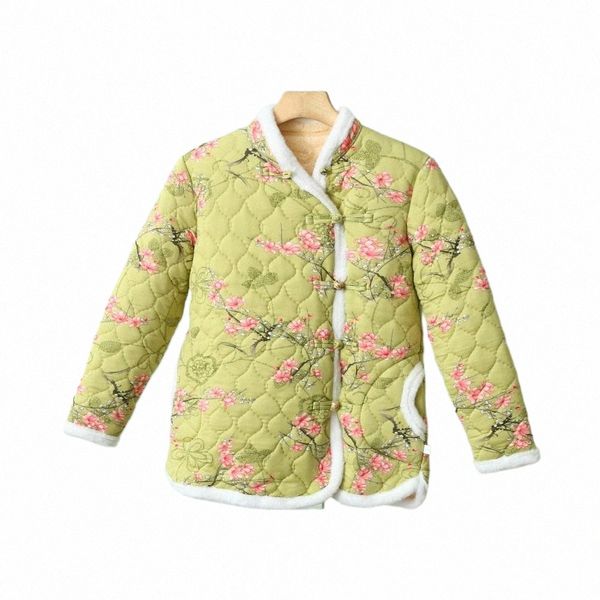 Mulheres Cott Jacket Outono Inverno Floral Imprimir Grosso Forro de Lã Quente Pelúcia V Neck Nó Butt Pocket Senhoras Lg Mangas Quilte x6Dj #