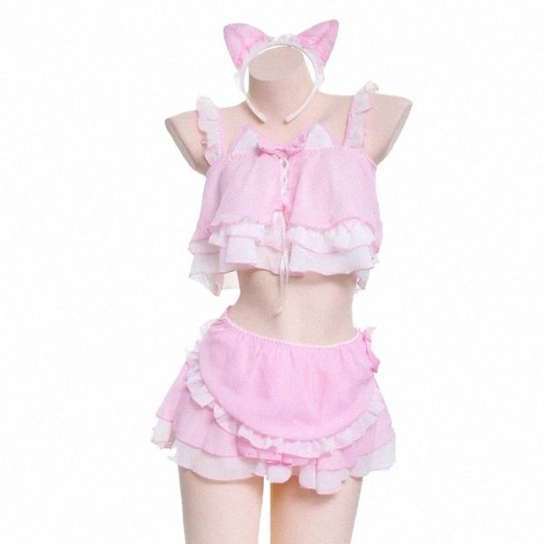 Anilv Anime Lolita Cats Girl Maid Swimsuit Costume Cute Pink Cat Ears Swimwear Uniform Pool Party Cosplay X1Fx #