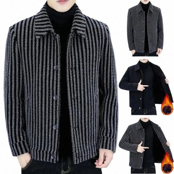 Jaqueta masculina Turn-down Collar Lg Manga Listrada Single-breasted Grosso Cardigan Quente Solto Plus Size Comprimento Médio Casual Busin S v47L #