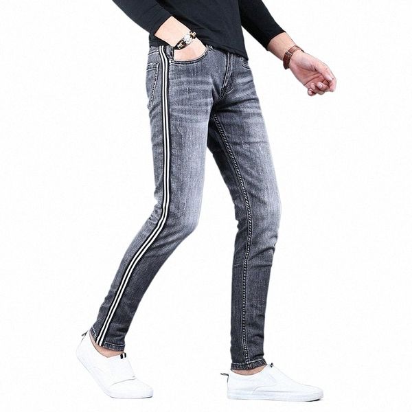 Herren Grau Schwarz Seitenstreifen Jeans Fi Stretch Denim Slim Fit Bleistifthose Koreanische Stilhose t3we #