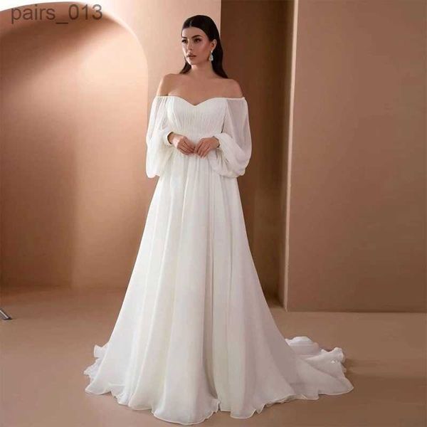 Abiti casual di base Abito con spalle scoperte Donna Sposa Moda Elegante manica a sbuffo vintage Elastico a vita alta Bianco Maxi Abito da sera lungo da sera yq240328