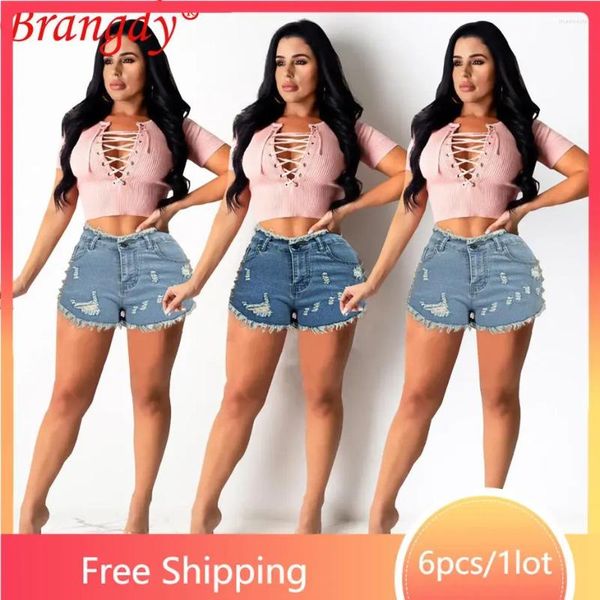 Shorts femininos 6 peças itens a granel atacado lotes jeans curtos cintura alta lavado denim mulheres rasgadas calças de praia uma peça casual b10988