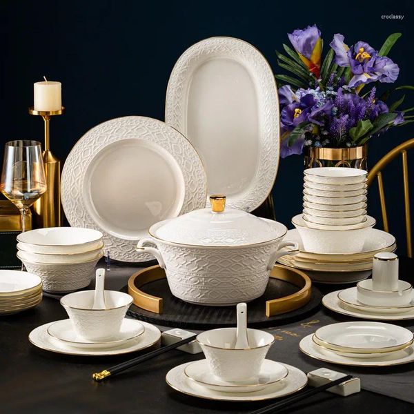 Dinnerware Define, porcelana, utensílios de mesa de porcelana para 10 pessoas com relevo branco com pratos sensoriais de ponta e presentes de luxo de luz doméstica