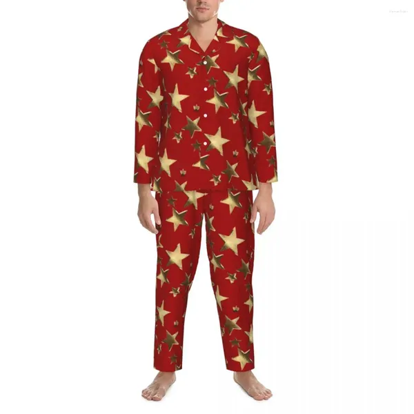 Startseite Kleidung Gold Star Print Pyjama Sets Frühling Festliche Weihnachten Schöne Nachtnachtwäsche Paar 2 Stück Retro Übergroße Nachtwäsche Geschenk