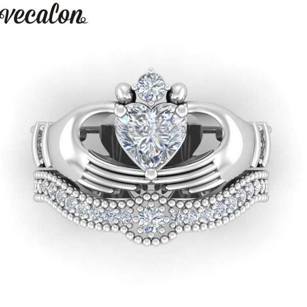 Обручальные кольца Vecalon Luxury Lovers Claddagh Ring 1ct 5A Циркон Cz Белое золото Заполненные обручальные кольца Набор для женщин и мужчин2042