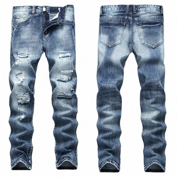 Cross-border masculino rasgado em linha reta jeans regulares Cott rasgado calças jeans luz azul plus size arruinado buraco diário jeans W6VQ #