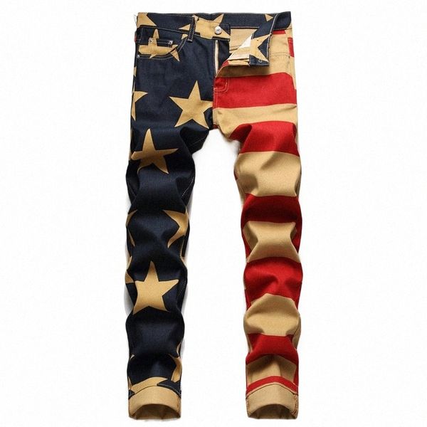 Jeans da uomo con stampa bandiera americana Fi Stripe Stars Pantaloni in denim con vernice stampata digitale Pantaloni slim a matita elasticizzata 29pw #