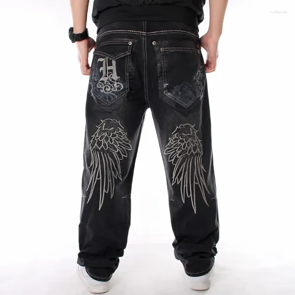 Calças de brim masculinas homem solto baggy hiphop skate calças jeans rua dança hip hop rap masculino calças pretas tamanho chinês 30-46