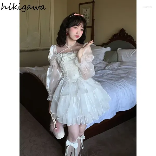 Casual Kleider Nette Frauen Lolita Stil Mode Weiß Gaze Robe Femme Quadrat Kragen Bogen Süße Rüschen Kleid Vestidos De mujer