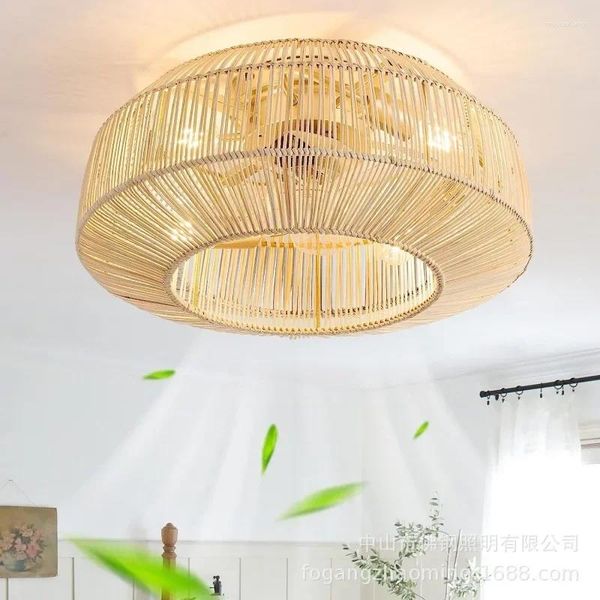 Marrocos corda fio rattan lustre ventilador retro sala de jantar teto integrado com luz trançada casa