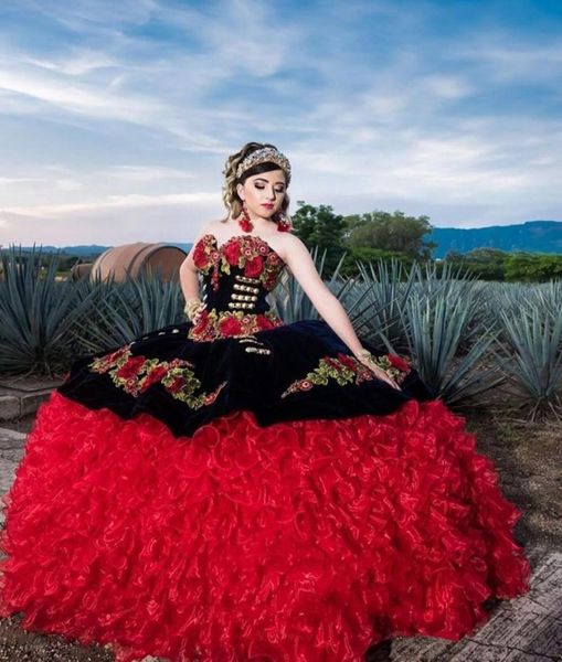 Único organza babados quinceanera vestidos vermelho e preto inchado vestido de baile vestidos de baile vintage bordado doce 16 vestido vestidos 2019917