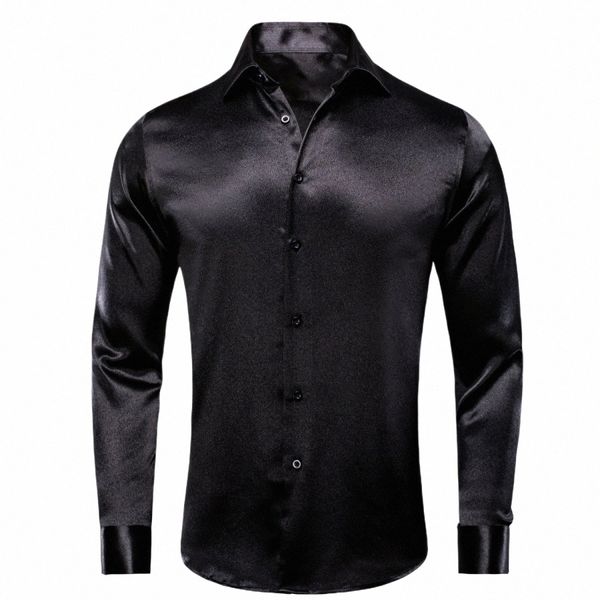 hi-tie Black Solid Мужская простая атласная шелковая рубашка с рукавами Lg Dr Повседневная формальная блузка-блузка Роскошный дизайн Мужская одежда 40Bz #