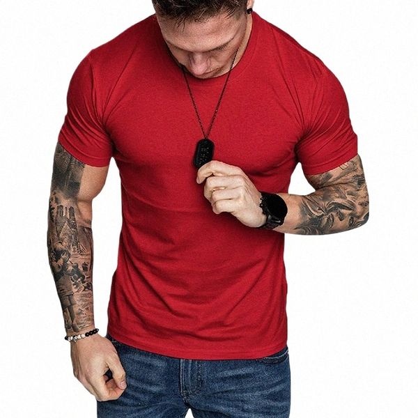 Мужская футболка с коротким рукавом сплошной цвет с круглым вырезом мышцы бодибилдинг Fitn топы летние виды спорта повседневные рубашки Slim Fit серый K5lj #