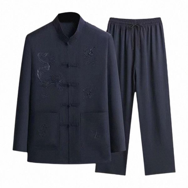 2 pezzi / set pantaloni camicia da uomo Set vestito cinese Tang sciolto elastico in vita gamba larga uomini di mezza età padre nonno top pantaloni Set 80fu #