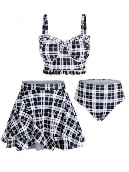 Rosegal Plus Größe Gepolsterte Plaid Drei Stück Bademode Frauen Tankini Top, Slips Und Rock Fi Hohe Taille Beachwear Badeanzug u33D #