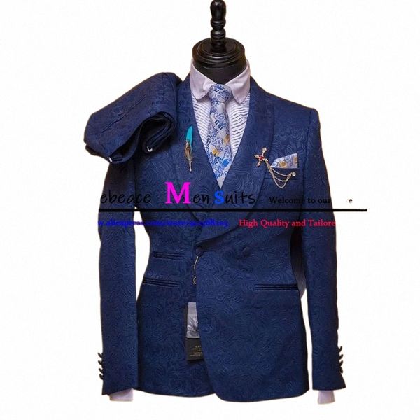 Navy Blau Bräutigam Smoking Luxus Jacquard Hochzeit Dr Slim Fit Hochzeit Anzüge für Männer Formale Männer Anzug 3 Stück set Kostüme Hommes O3uO #