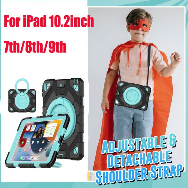 Strapazierfähige, robuste, stoßfeste, kindersichere Hülle für iPad 10,2 Zoll 7./8./9. Air 3 10,5 Zoll, Griff, 360-Grad-Drehständer, Tablet-Abdeckung mit Schultergurten + Display-PET-Folie