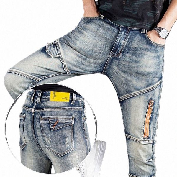 Denim Jeans Men's Fi Marca Slim Marca Design Estilo Motocicleta Persalized Zipper Craft Retro Padrão Lg Calças q4cJ #