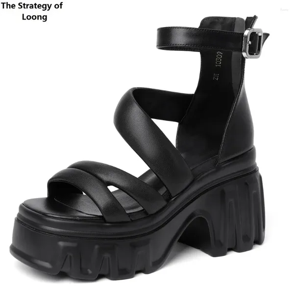 Sapatos de vestido verão estilo coreano 10 cm salto alto cunhas plataforma peep toe faixa estreita couro genuíno mulheres modernas sandálias gladiador
