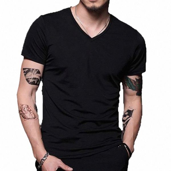 Homens Casual Plain Summer Manga Curta V Neck T-Shirt Gym Fitn Slimming Tee Top Men Shirt Slim Fit Coletes Malha Singlets Muscle D7fY #