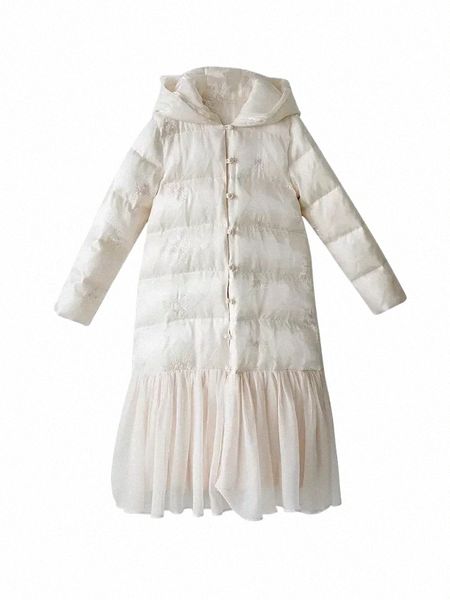 Com capuz cor sólida bordado em linha reta para baixo jaqueta feminina inverno engrossado saia hem pato branco para baixo casaco r8Yr #