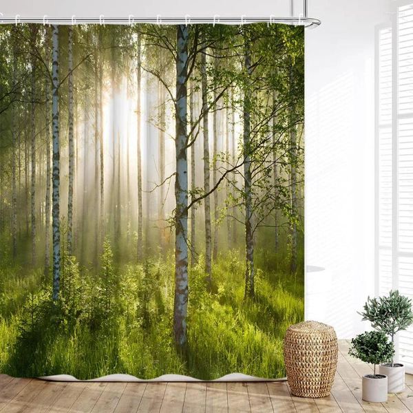 Tende da doccia Tenda foresta Foresta pluviale Numero Legno Fiume Verde Natura Scenario Montagna Stampa Decorazione del bagno di casa con ganci