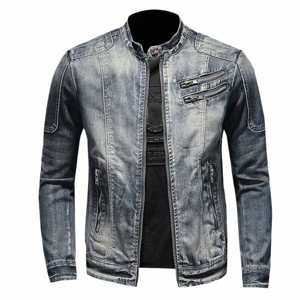 Mens Denim Jacket Motocycle Denim Coats Streetwear Fi Slim Fit Cowboy Outerwear Moto Biker Denim Jacket Brasão H8nH #