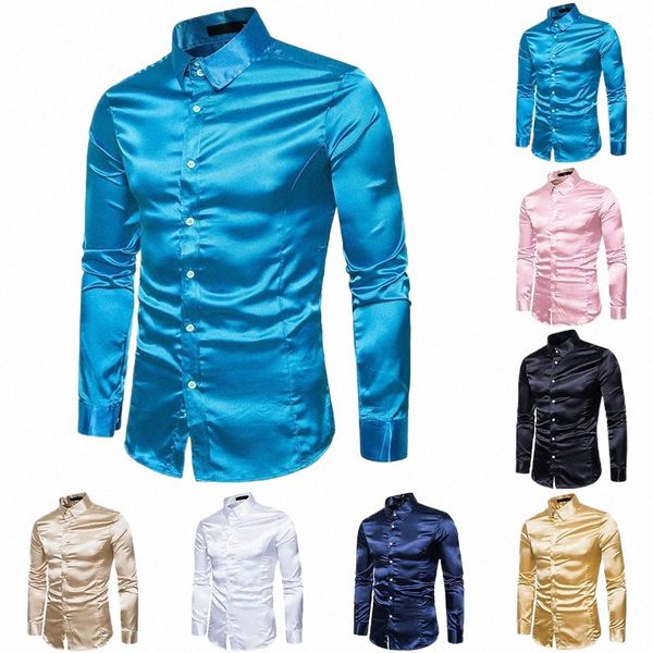 Männer Hemd Seide Satin Luxus Glatte Herren Solide Smoking Busin Hemden Männer Casual Slim Fit Bluse Shiny Gold Hochzeit DR Shirts E8tg #