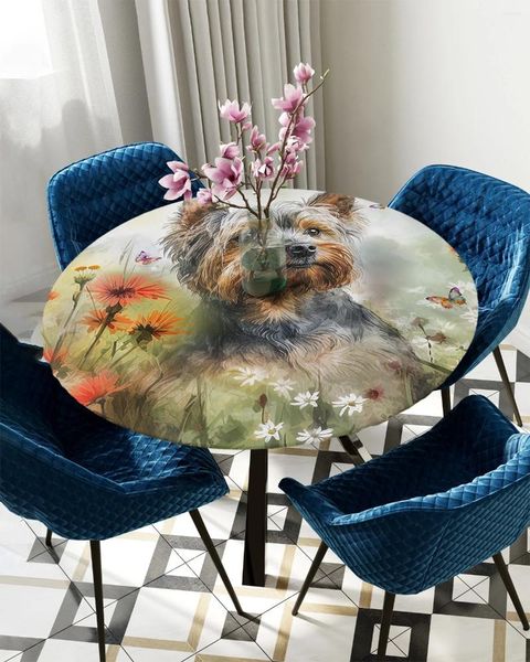 Toalha de mesa aquarela flor pet cão borboleta redonda toalha de mesa elástica capa retângulo à prova dwaterproof água jantar decoração acessório