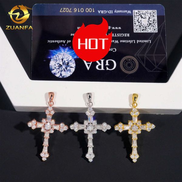 48 Stunden Versand Glänzender VVS Baguette Moissanit Sterling Silber Weiß Gelb Roségold plattierter Hip Hop Kreuz Anhänger