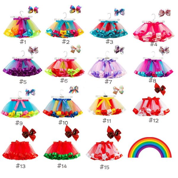 15 colori neonate vestito tutu caramelle arcobaleno colore maglia gonne per bambini + mollette con fiocco 2 pezzi / set vacanze per bambini abiti da ballo tutù vestire 11 LL