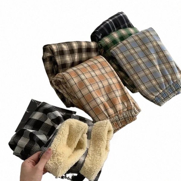 fi caldo peluche pantaloni Cmere spessore plaid signore inverno casual allentato pantaloni a gamba larga coreano streetwear studenti X4mj #