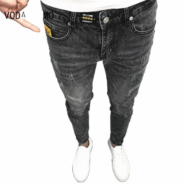 Pantaloni jeans stretch strappati molto skinny da uomo Hip Hop streetwear Slim Fit Nero Bianco Blu scuro Jeans azzurri 13px #