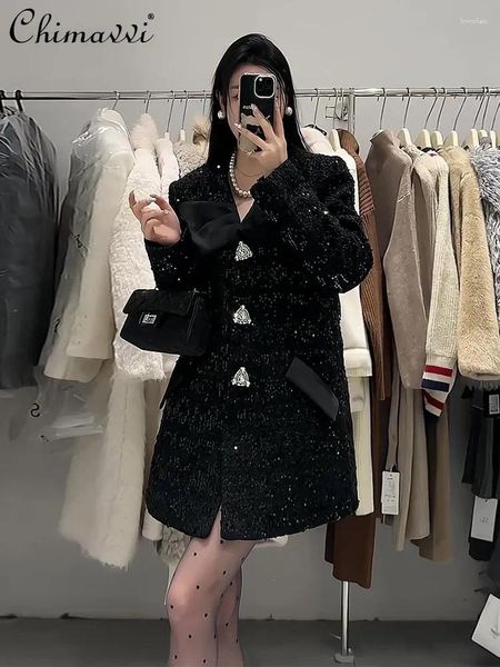 Женские куртки во французском стиле Хепберн, черный высококачественный блестящий шерстяной пиджак, женский весенний модный пиджак 2024, свободные элегантные пальто с длинным рукавом