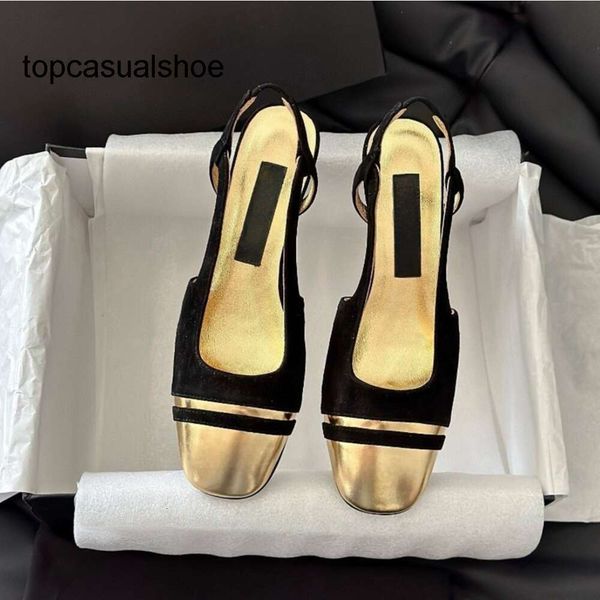 Canais cf tom toe tom feminino 2 tampa de ouro slingbacks chan bombas sandálias quadradas de camurça 2C panturrilhas paris bloco grossa salto alto