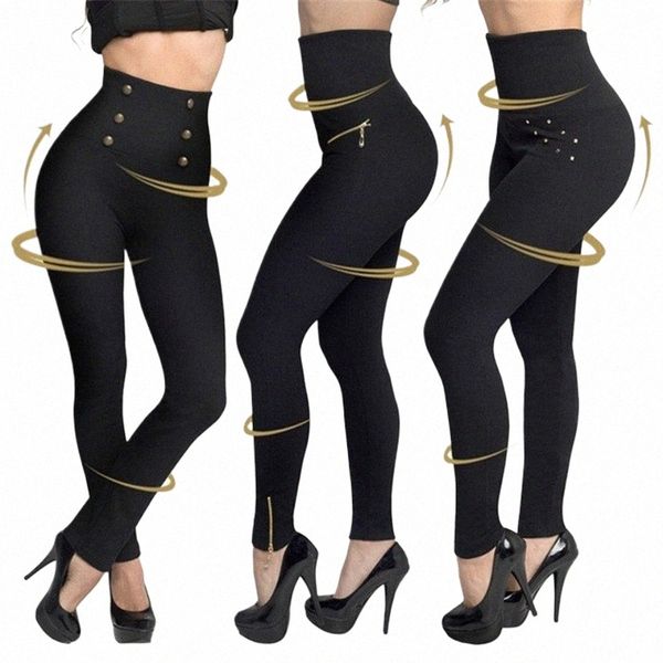 Pantaloni a matita nera da donna Pantaloni elastici da donna slim da donna Leggings a vita alta femminile Pantaloni Butt / Ziper / Diamd W38r #