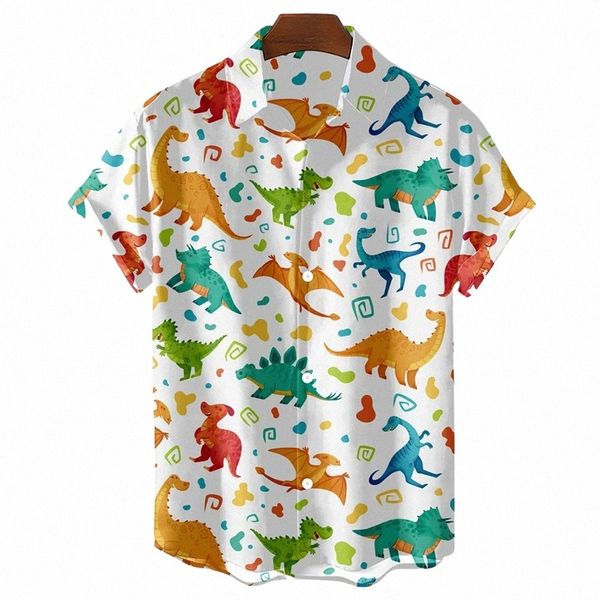 Черно-белая гавайская футболка Мужская рубашка Милый принт динозавра Мужская одежда Рубашка с лацканами Негабаритная футболка с коротким рукавом Блузка g6cR#