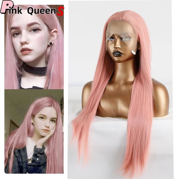 Sentetik dantel peruk 24 inç derinlik uzun uzun düz peruk pembe cosplay parti peruk 13x4 sentetik dantel ön peruk kız kadın saç parçası Kore yüksek sıcaklıkta fiber peruk