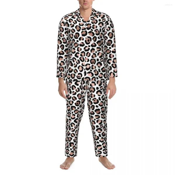 Abbigliamento per la casa Pigiama per animali alla moda con ghepardo Autunno in oro rosa e stampa leopardata nera Set pigiama oversize allentato casual Uomo Notte