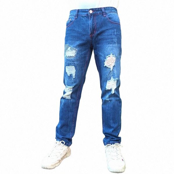 Marca casual fi calças de brim masculinas preto azul motocicleta homem calças jeans buraco arruinado tamanho grande luxo menino lg calças z345 #