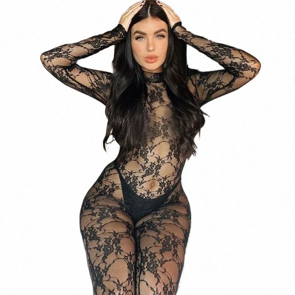 Spitze Mesh Sexy Frauen LG Sleeve Overall Bodyc Erotische Aushöhlen Durchsichtig Stretch Slim Fit Nacht Party Club 675 O2rd #