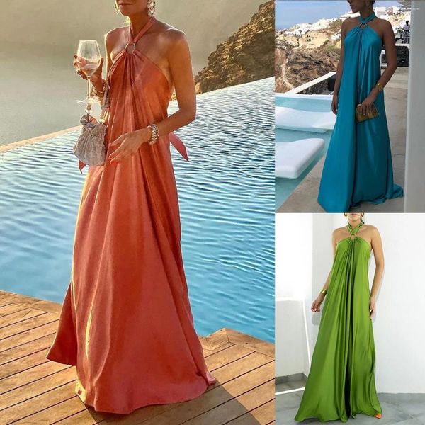 Casual Kleider Neckholder Satin Frauen Outfits Sommer Sexy Ärmellose Seitenschlitz Flowy Plead Langes Kleid Weibliche Formale Anlass