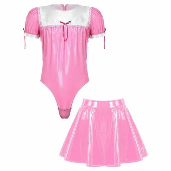 Mens Sissy Maid Cosplay Costume Wet Look Leather French Maid Uniformes Lace Trim Bodysuit Queimado Mini Saia Crossdrer Dr Up 18bO #