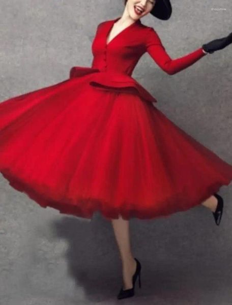 Partykleider Rot Elegantes Vintage-Abendkleid mit V-Ausschnitt, langen Ärmeln, knielang, Tüll, formelles Kleid, Abschlussball, Vestidos de Fiesta