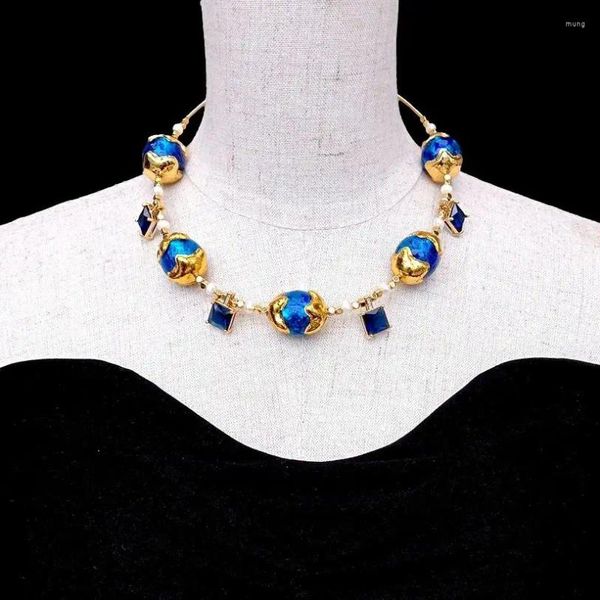 Pendenti YYGEM Collana girocollo con perle bianche in vetro di Murano blu, collane con ciondoli in cristallo 20x23mm