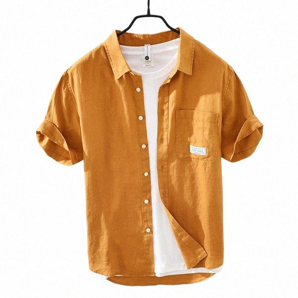 verão e primavera novos homens de linho camisa de manga curta fresca literatura e arte lazer pescoço quadrado linho top workwear GD-3023 u5zp #