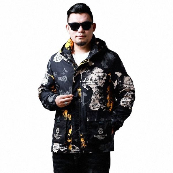 Plus Size Abbigliamento Uomo Giacca Newpaper Abbigliamento Uomo Trench 6XL 7XL 8XL 9XL 10XL Giacca a vento Autunno Cargo Allentato Camo Felpa con cappuccio Cappotti