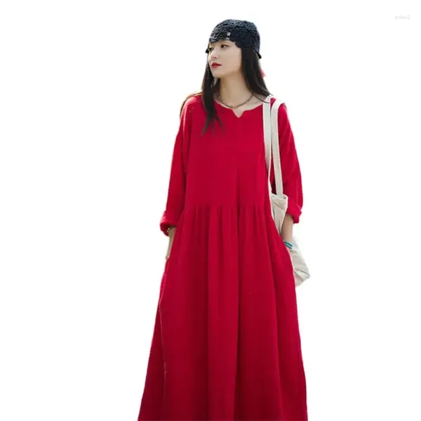 Vestidos casuais vintage elegante outono vestido longo mulheres algodão v-pescoço magro botões de cor sólida maxi com bolso 12 cores robe femme