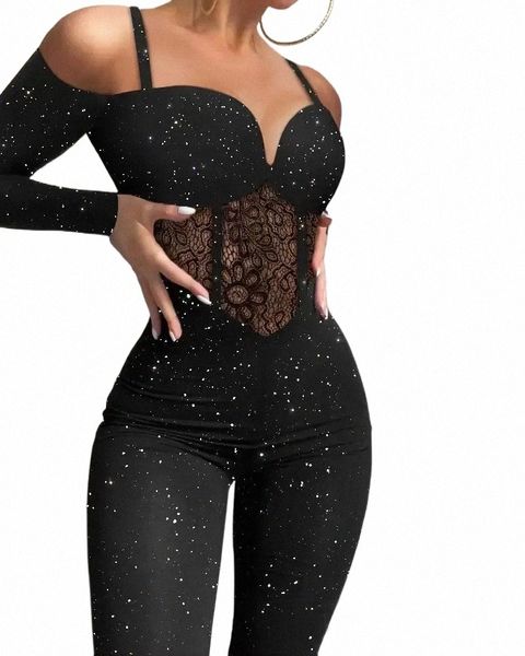 Glitter Cold Ombro Ctrast Lace Corset Macacão Mulheres Cintura Alta Fi Primavera Verão Tornozelo Comprimento Macacões Calças Gerais E3tn #