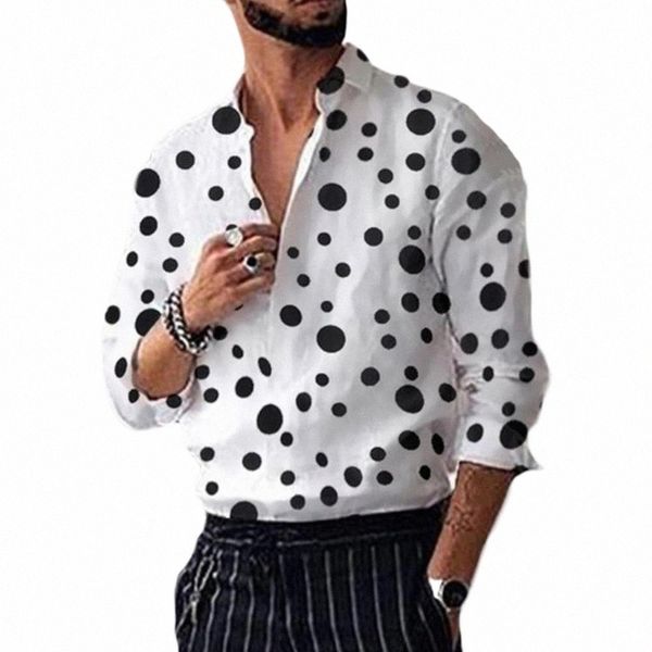 Polka Dot Print Men Shirt Turn-down Collar Lg Mangas Soltas Dot Impresso Masculino Camisa Casual para Homem Tops Roupas Masculinas camisas k50j #